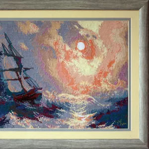 Картина «Буря на море ночью» ,   ручная работа,  вышивка. 