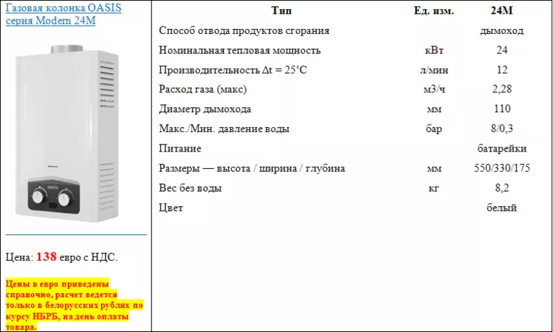 Газовая колонка OASIS серия Modern 24M 2