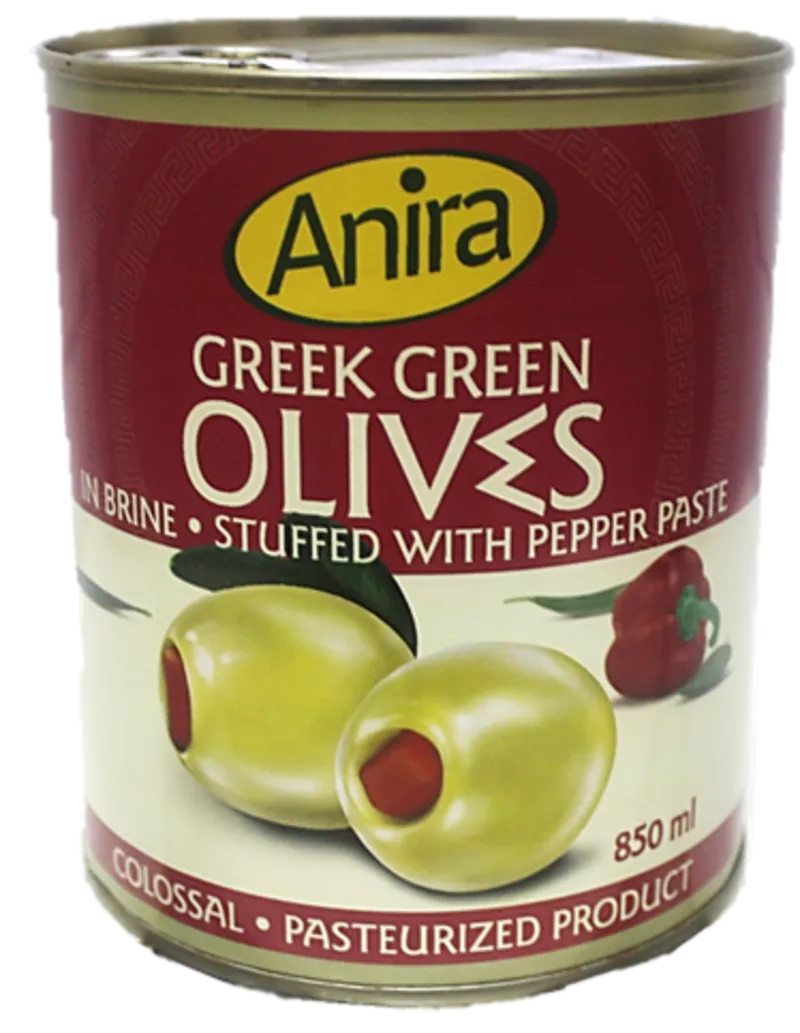 Греческие оливки зеленые начиненные паприкой т. м. ANIRA